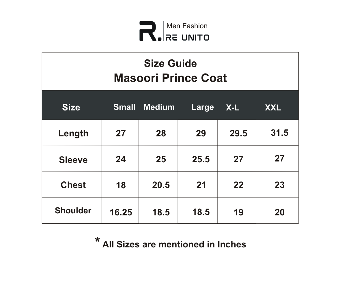 Masoori Prince Coat Size Chart