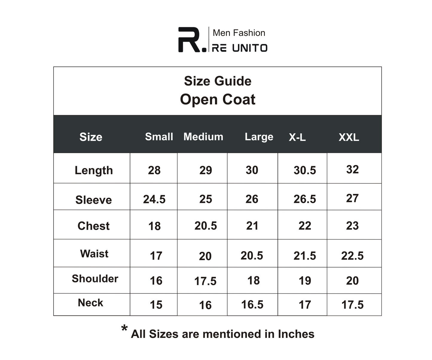 Open Coat Size Chart 2