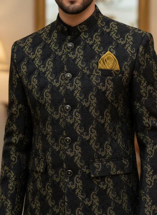 Premium Stylish Golden Black Prince Coat