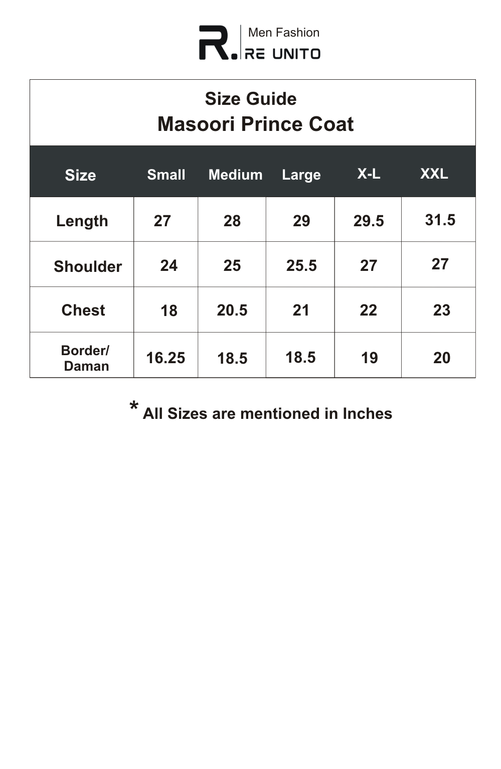 Prince coat Size guide