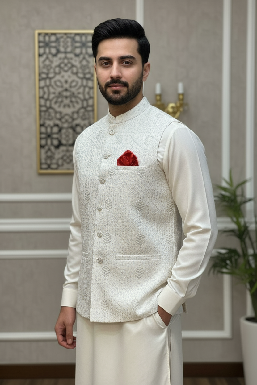 Men Off White Waistcoat