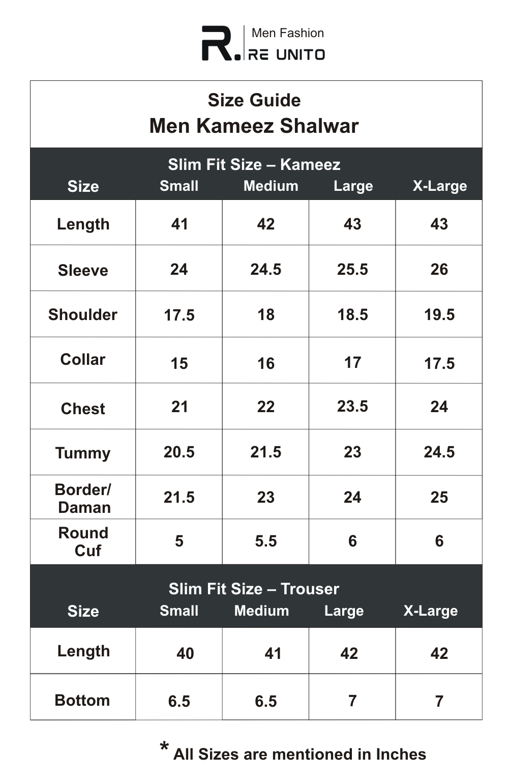 reunito size guide kameez shalwar men Slim Fit custome size 1