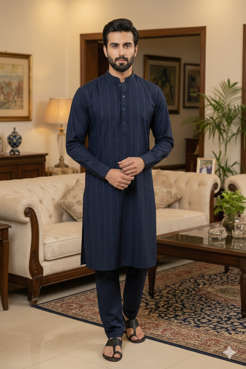 Classic Navy Blue Cotton Pajama Kameez