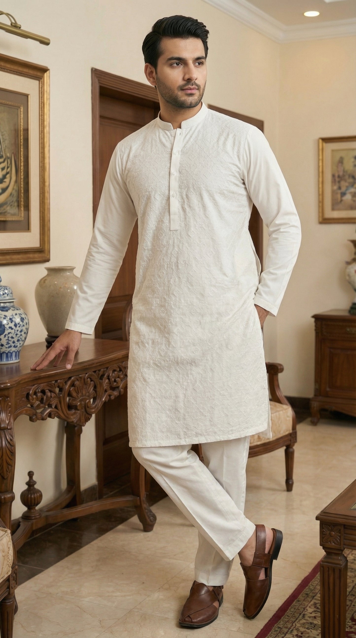 Men Off-White Pajama Kameez