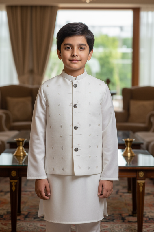 Boys Off White Kameez Pajama with Waistcoat