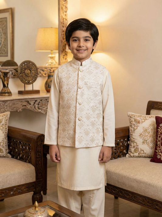 Boys Premium Off White Waistcoat