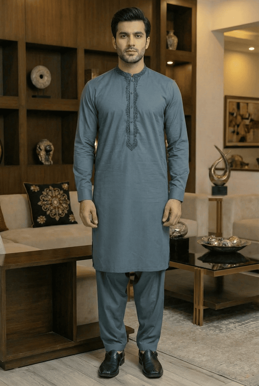 Elegant Grey Cotton Shalwar Kameez