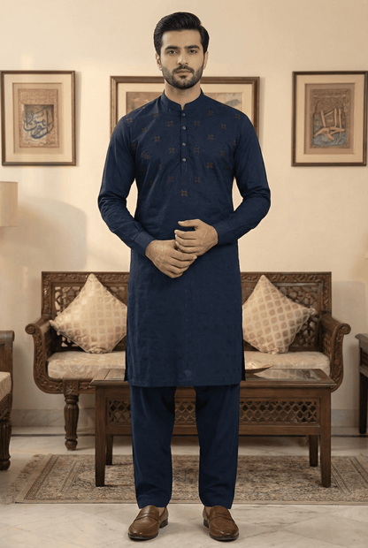 Elegant Navy Blue Cotton Shalwar Kameez