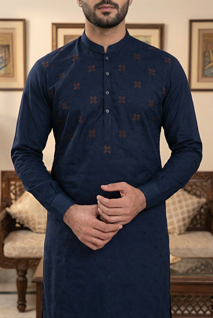 Elegant Navy Blue Cotton Shalwar Kameez