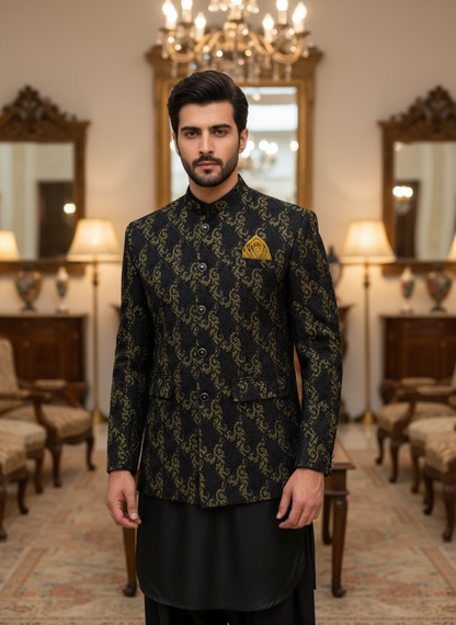 Premium Stylish Golden Black Prince Coat