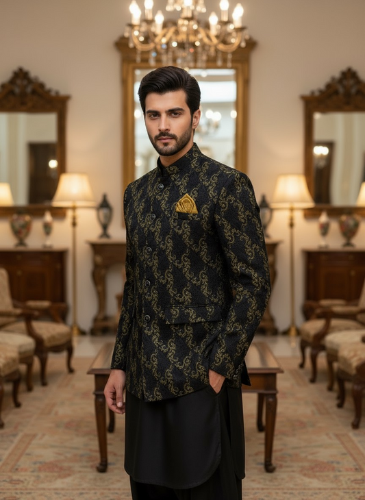 Premium Stylish Golden Black Prince Coat
