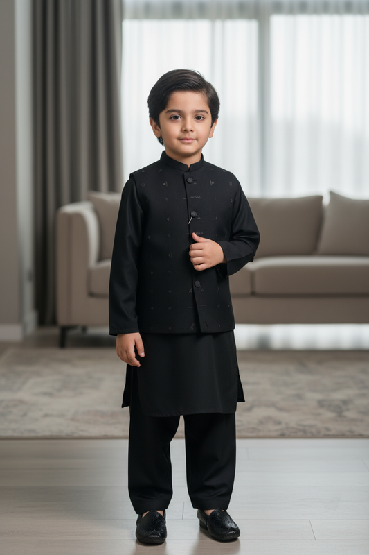 Kids Black Kameez Pajama with Waistcoat
