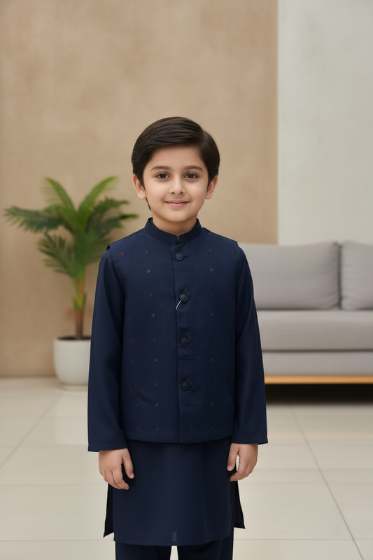 Kids Blue Kameez Pajama with Waistcoat