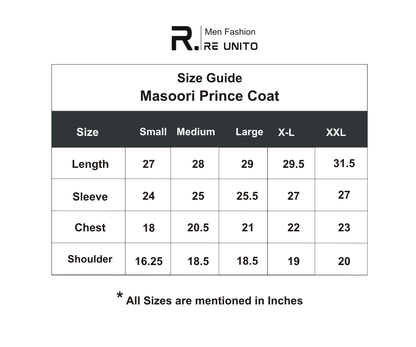 Masoori Prince Coat Size Chart