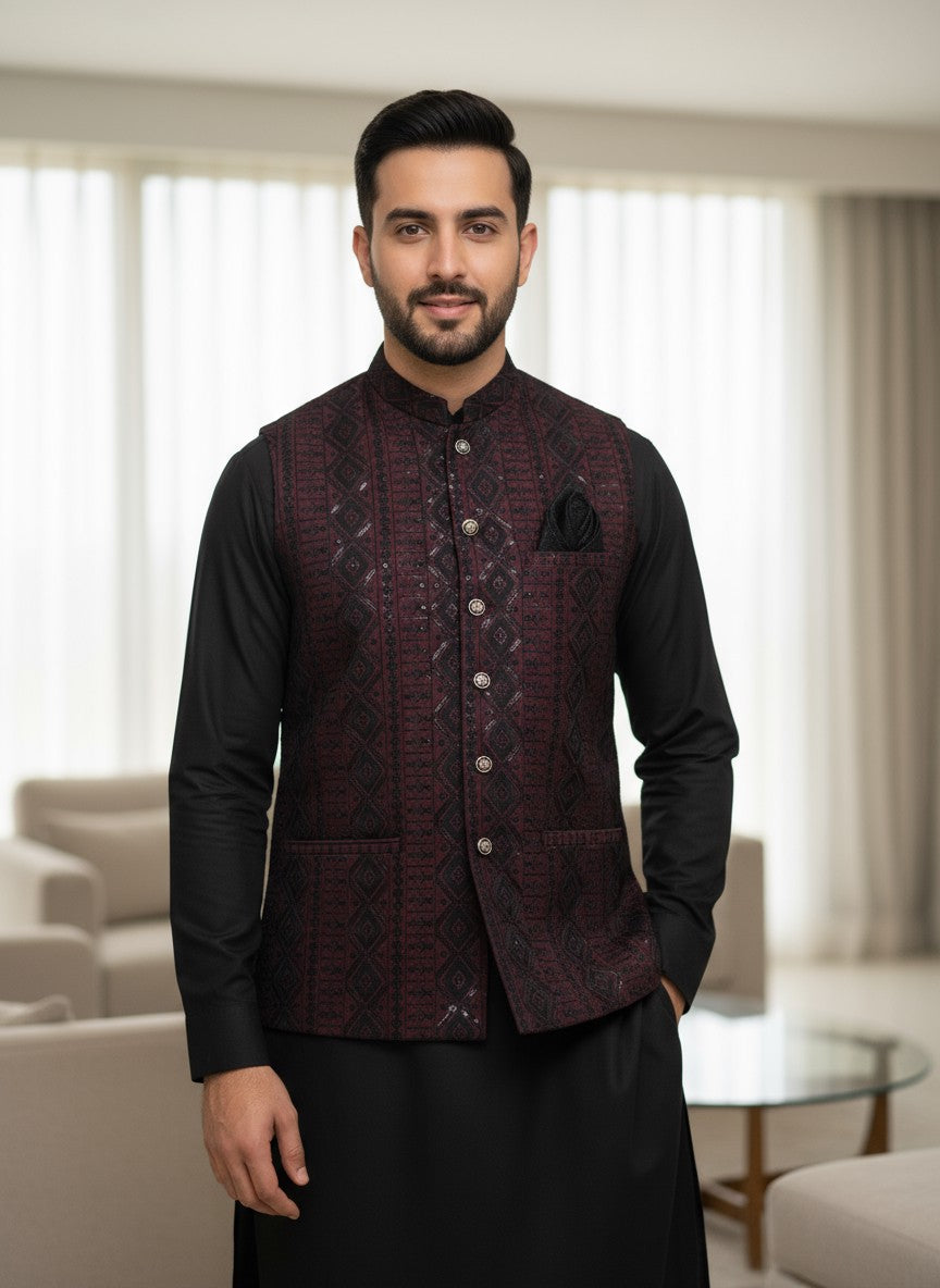 Masoori Waistcoat Mehroon Black Color