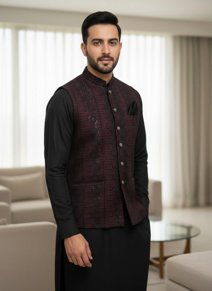 Masoori Waistcoat Mehroon Black Color