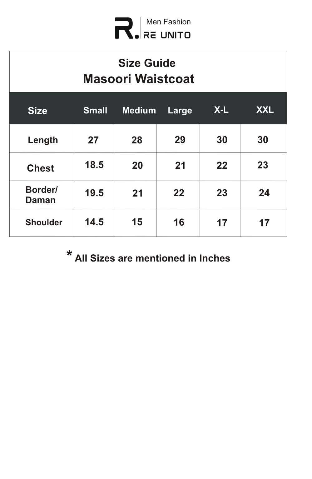 Masori WC size chart