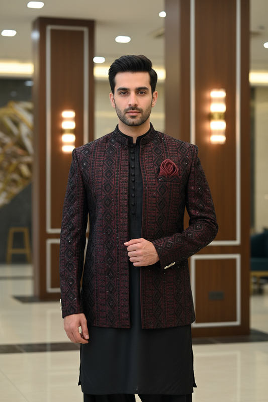 Mehroon Black Open Prince Coat