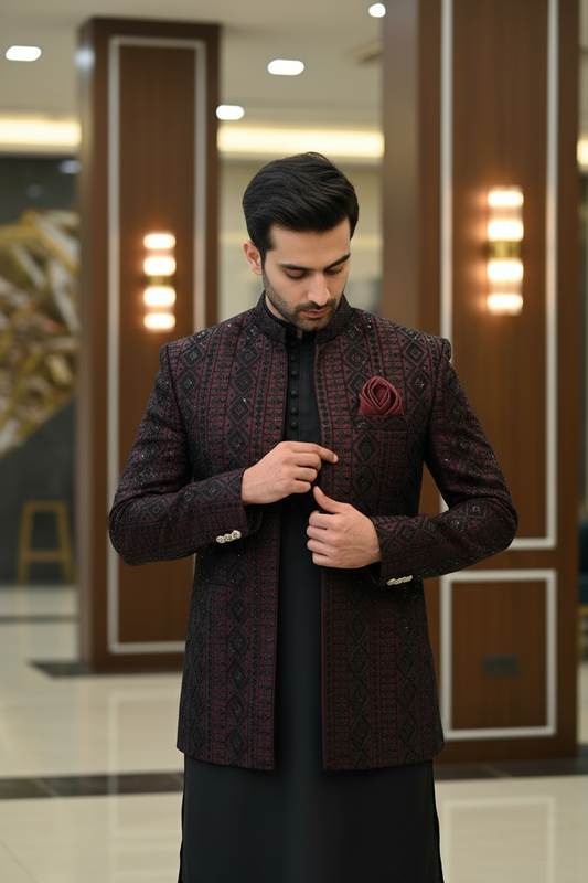 Mehroon Black Open Prince Coat