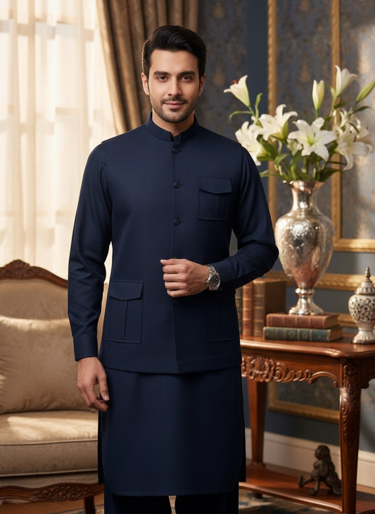 Men 3 Piece Kameez Shalwar with Waistcoat