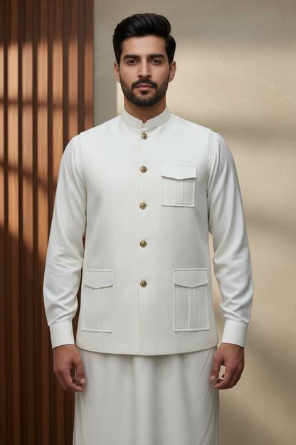 Men Off White Kameez Shalwar Waistcoat