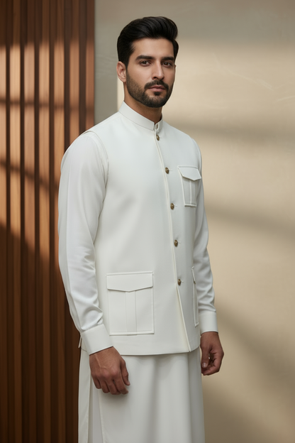 Men Off White Kameez Shalwar Waistcoat
