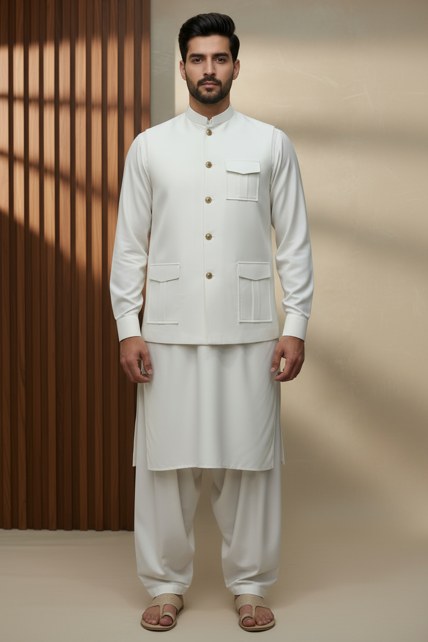 Men Off White Kameez Shalwar Waistcoat