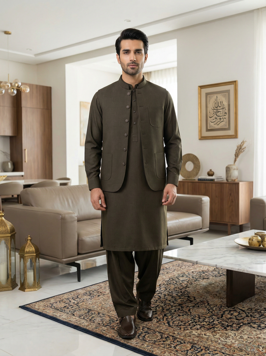 Men Green Kameez Shalwar with Waistcoat