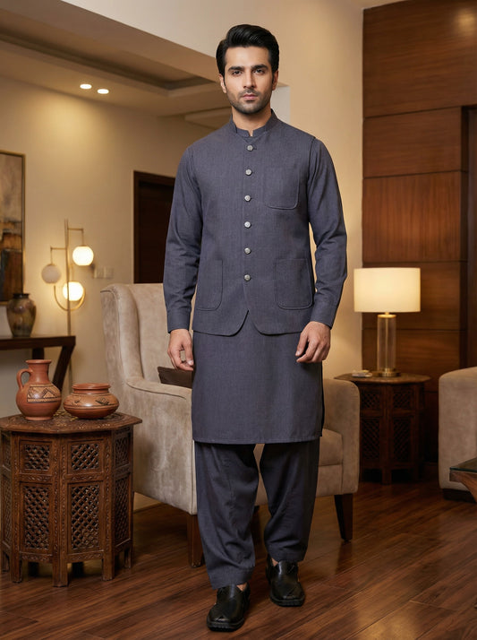 Men Grey Kameez Shalwar with Waistcoat