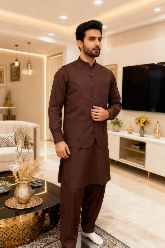 Men 3 Piece Mehroon Kameez Shalwar with Waistcoat