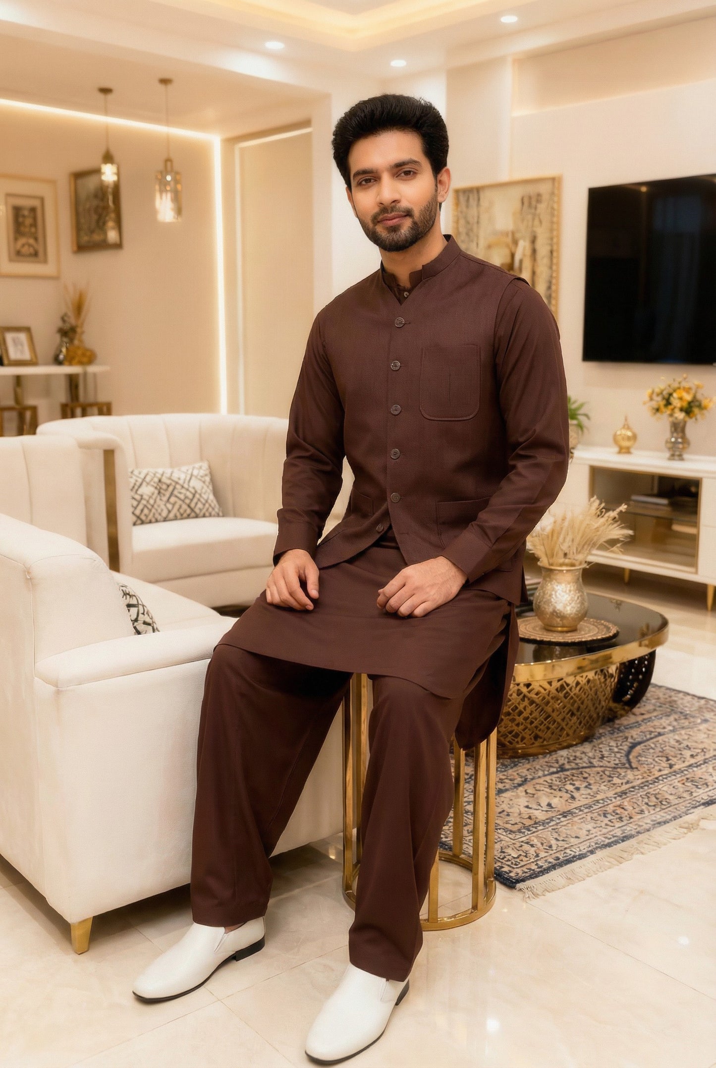Men 3 Piece Mehroon Kameez Shalwar with Waistcoat