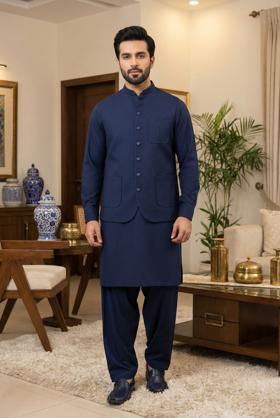 Men 3 Piece Kameez Shalwar with Waistcoat