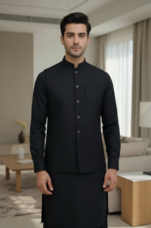 Men Black Kameez Shalwar with Waistcoat