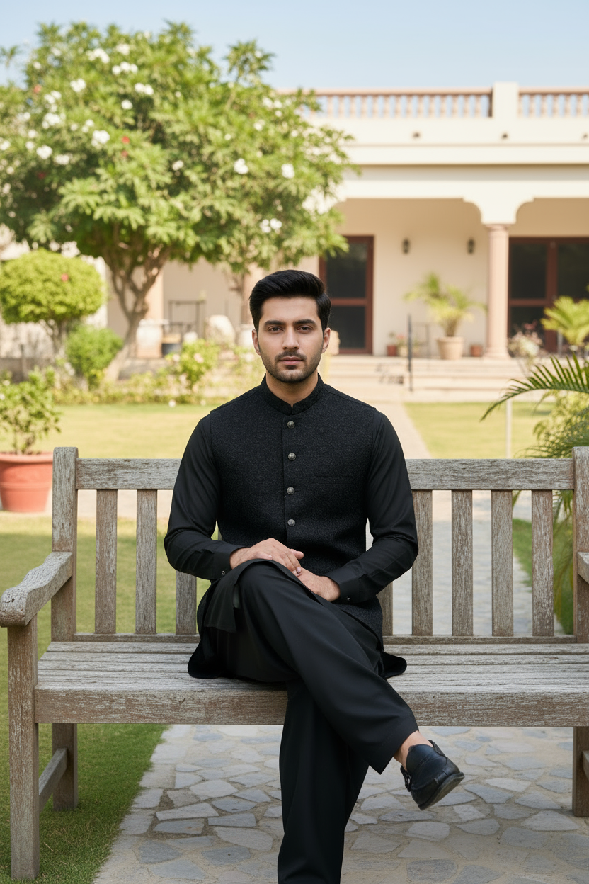 Men Black Masoori Waistcoat