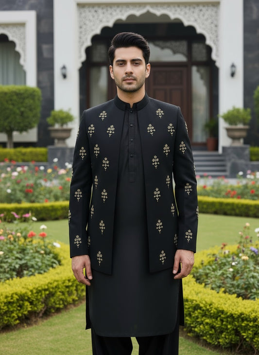 Men Fancy Black Open Coat