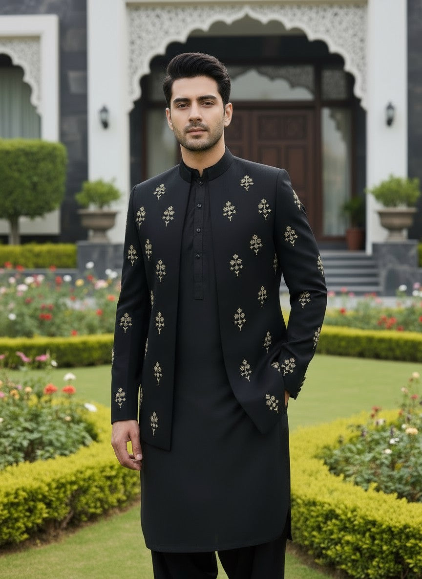 Men Fancy Black Open Coat