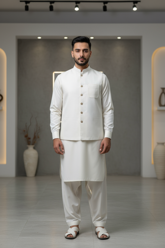 Men 3 Piece Kameez Shalwar with Waistcoat