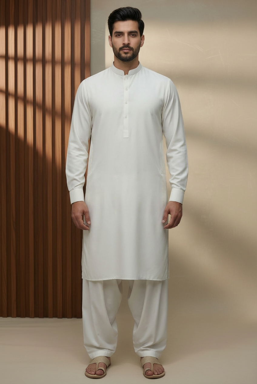 Men Off White Kameez Shalwar Waistcoat