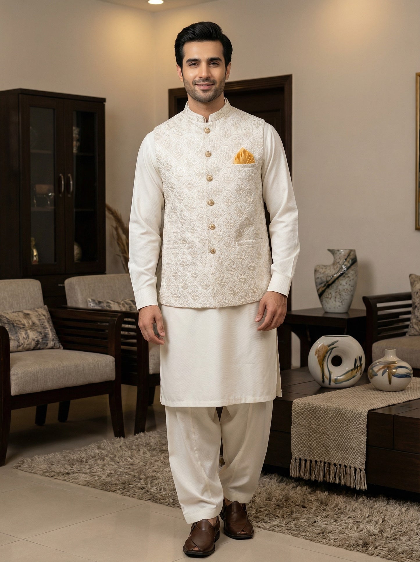 Men Stylish Off White Waistcoat