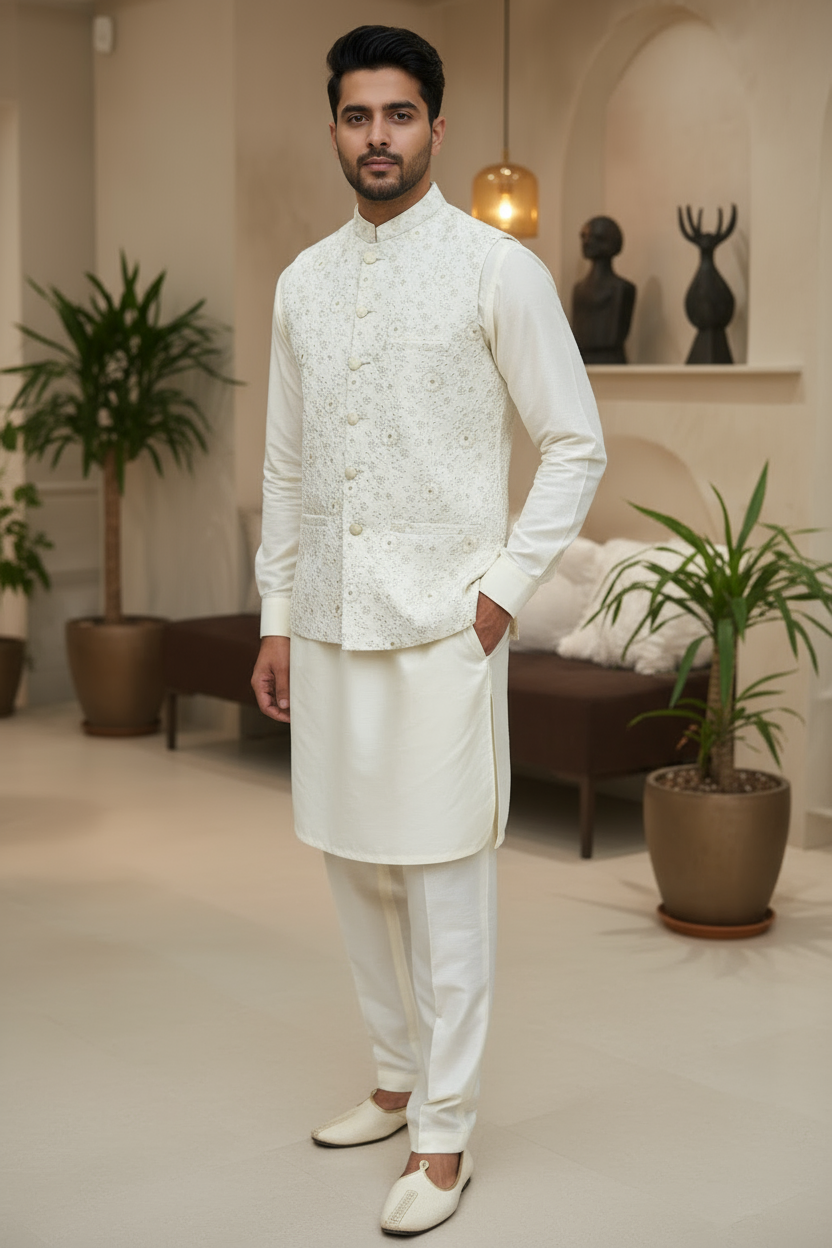 Men Off White Waistcoat