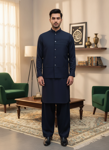 Men 3 Piece Kameez Shalwar with Waistcoat