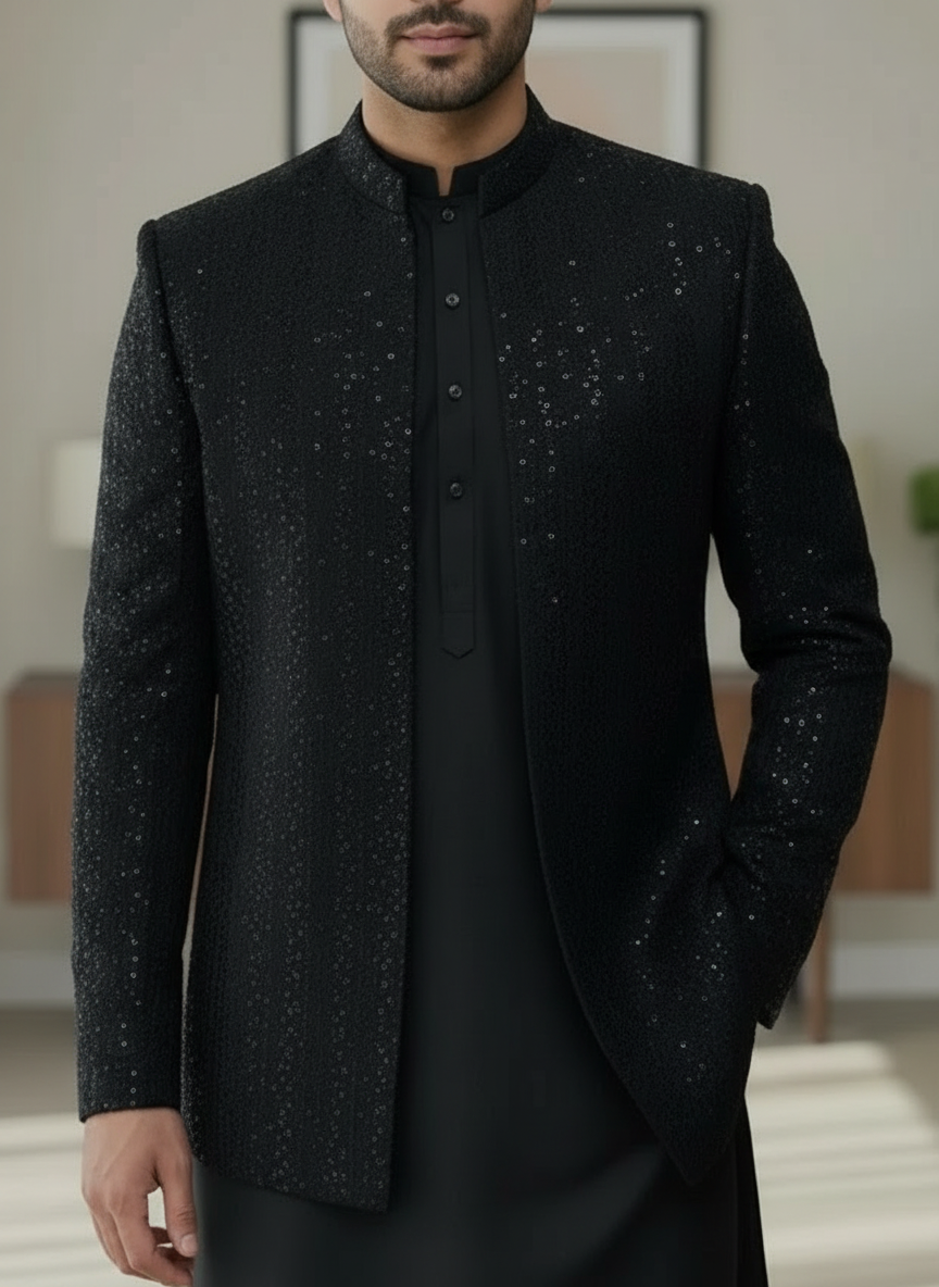 Men Black Long open Prince coat