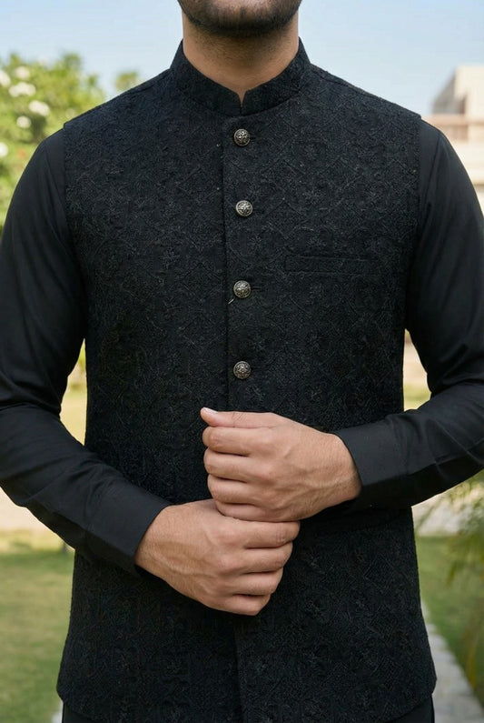 Men Black Masoori Waistcoat