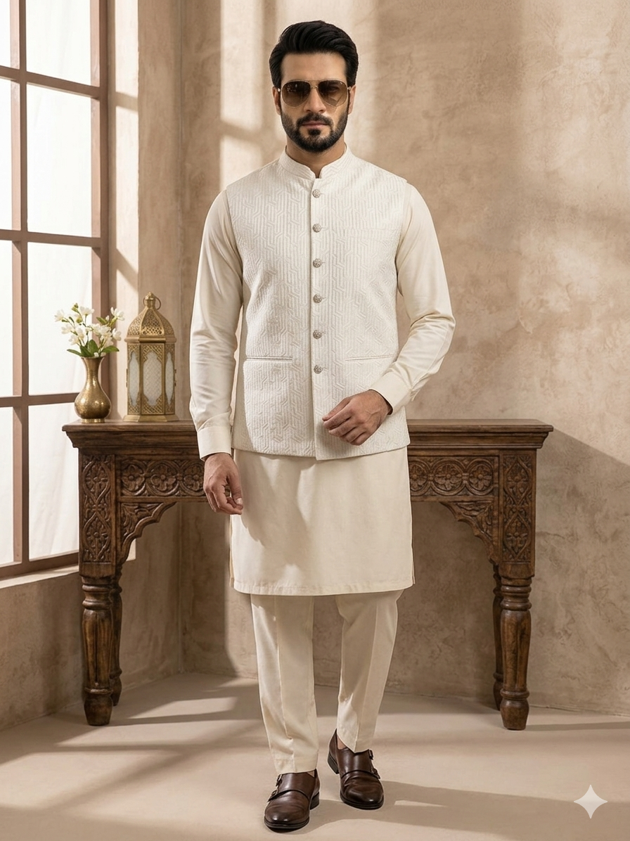 Men Off White Waistcoat