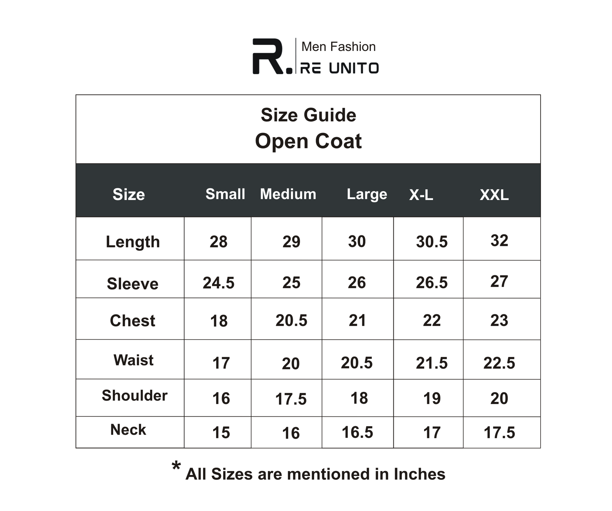 Open Coat Size Chart 2