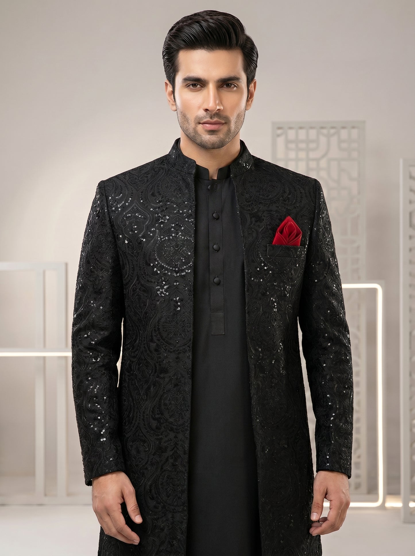 Premium Black Long Open Prince Coat