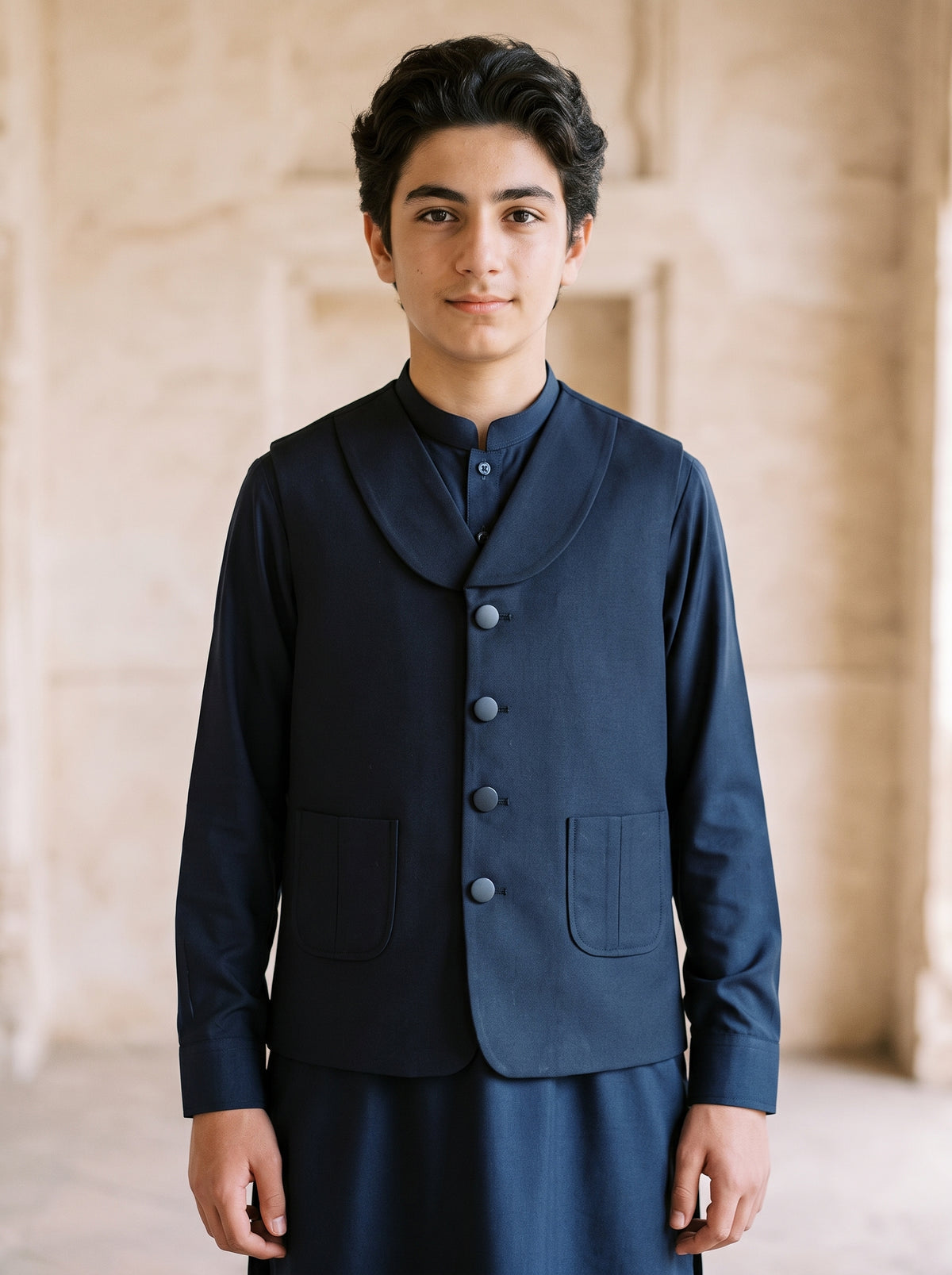 Boys 3 Piece N Blue Kameez Shalwar Waistcoat