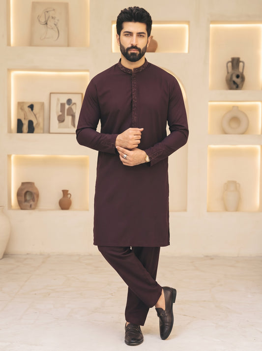 Men Unstitched Mehroon Kameez Shalwar