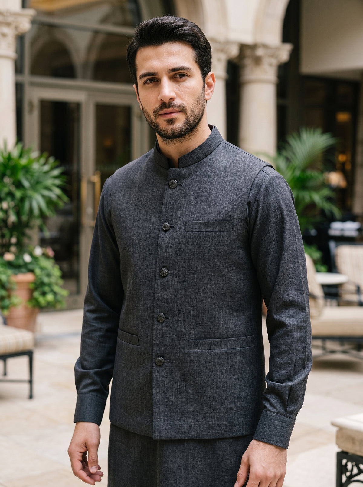 Men 3 Piece Grey Kameez Shalwar Matching Waistcoat