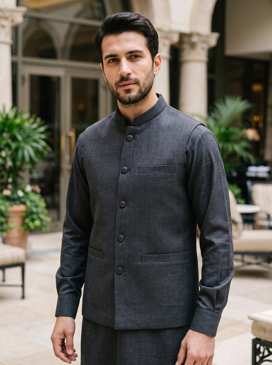 Men 3 Piece Grey Kameez Shalwar Matching Waistcoat